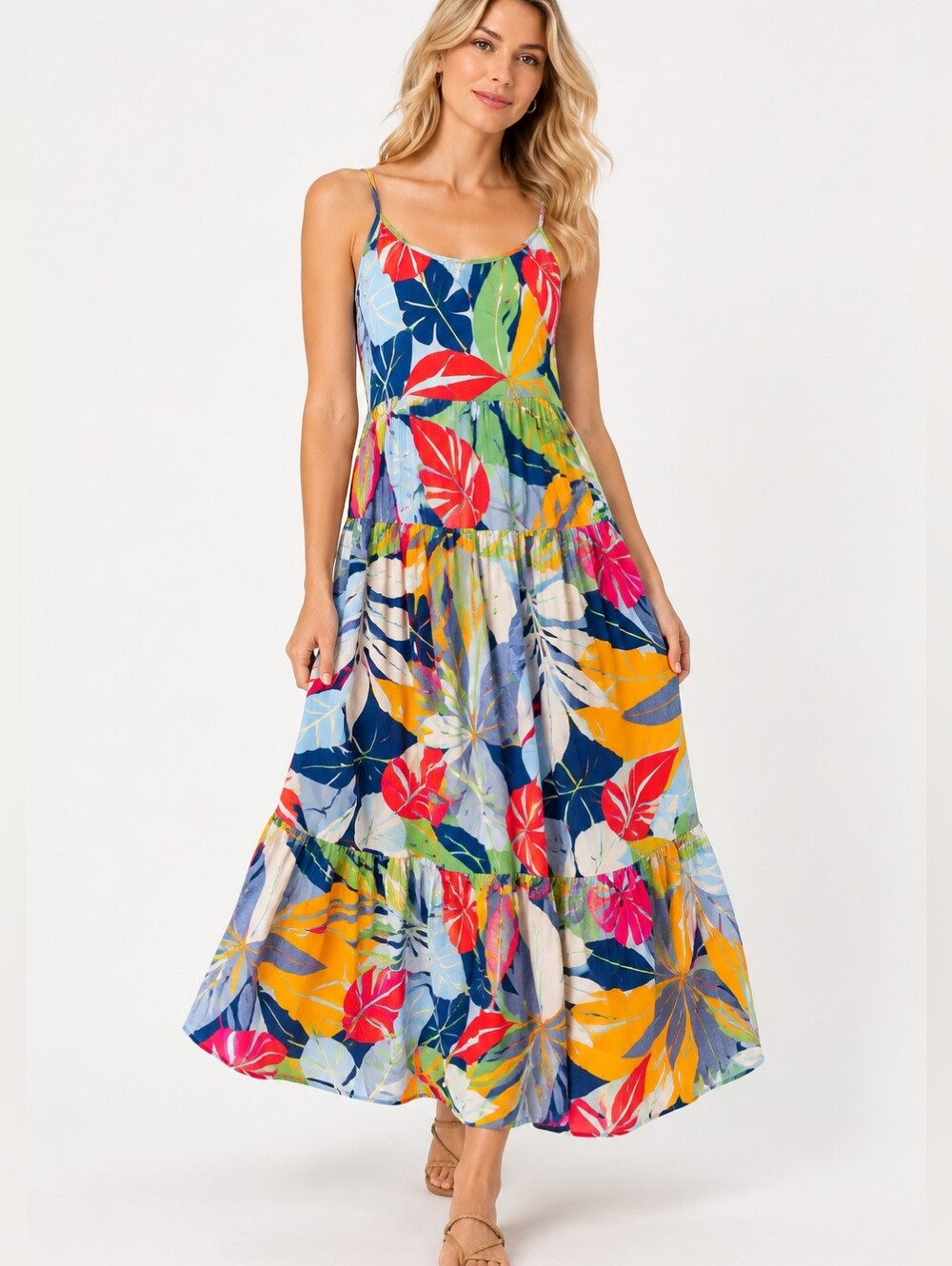 Goa Beachwear by Japna XL Tropical Floral Tiered Maxi Dress Boho Resort Vacation